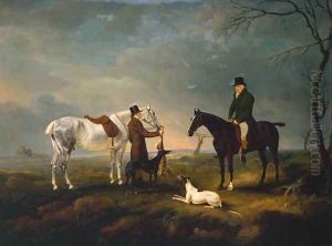 Sir Robert Leighton after Coursing, with a Groom and a Couple of Greyhounds