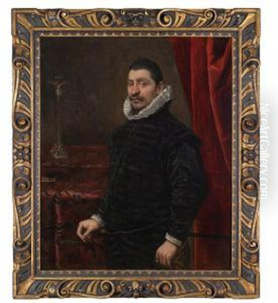 Ritratto Di Gentiluomo In Abito Nero Con Gorgiera Davanti Ad Una Croce - view 1