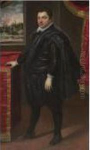 Portrait Of A Gentleman, Full-length, Wearing A Black Cape, A Window Beyond To The Left