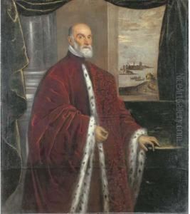 Portrait Of A Venetian Senator, 
Three-quarter-length, In Robes Of Office, By A Green Curtain With A 
Venetian Landscape Beyond