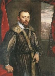 Portrait Of A Gentleman, Said To
 Be Vincenzo Morosini, Three-quarter-length, In A Fur-trimmed Coat, 
Before A Red Curtain, A Landscape Beyond The Window