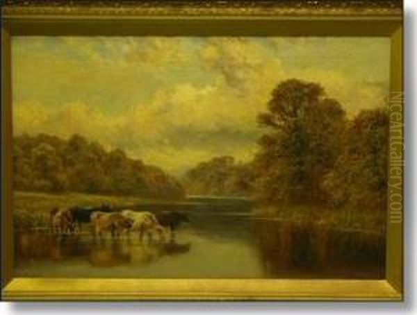 Cattle Watering In River Landscape - view 1