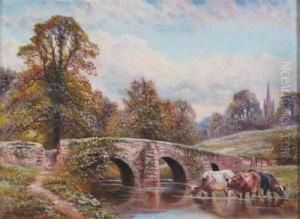 Cattle Watering By A Bridge by William Vivian Tippet