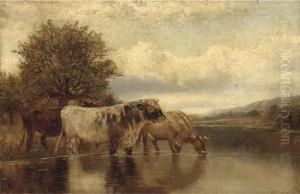 Cattle Watering In A Lake Landscape by William Vivian Tippet
