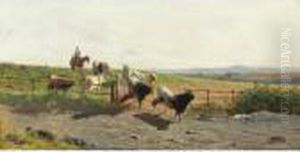 Bufali Al Pascolo Nella Campagna Romana by Aurelio Tiratelli