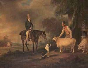 Sir John Palmer on his favourite mare with shepherd Joseph Green and prize Leicester Longwool sheep by John Snr Ferneley