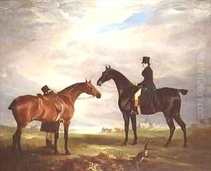 Frank Hall Standish on his Black Hunter with a Groom and a Second Horse