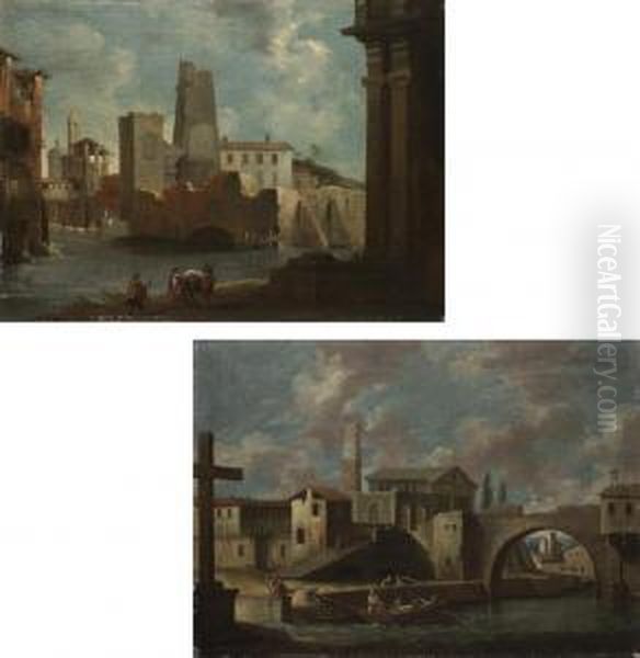 A Capriccio Of A Town In The
Veneto With Women Washing On The Bank;and A Capriccio Of A Town In The
Veneto With Townsmen Mooring Theirboat - view 1