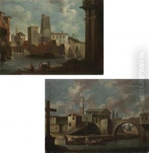 A Capriccio Of A Town In The
Veneto With Women Washing On The Bank;and A Capriccio Of A Town In The
Veneto With Townsmen Mooring Theirboat by Francesco Tironi