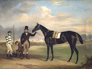 Pussy a dark brown racehorse with his trainer Old John Day Mr T Cosby and W B Day at Epsom