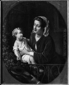 A Mother And Child On A Balcony, In A Painted Oval by Johann Friedrich August Tischbein