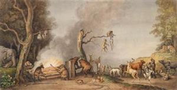 A Boar And A Beargrilling A Hunter On A Skewer - view 1