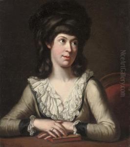 Portrait Of A Lady, Half-length,
 In A White Dress With A Lace Collar, Seated At A Table, Hands Resting 
On A Book by Johann Heinrich Wilhelm Tischbein I