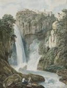 Vue Des Cascades De Tivoli A Rome, Deux Personnages Au Premier Plansur Des Rochers by Johann Heinrich Wilhelm Tischbein I