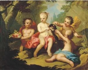 Putti And A Pet Dog Disporting In A Garden