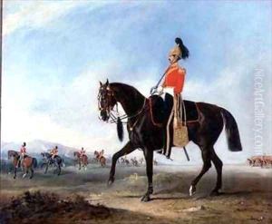 Portrait of an Officer of the 3rd Dragoon Guards with Other Members of the Regiment Beyond by John Snr Ferneley