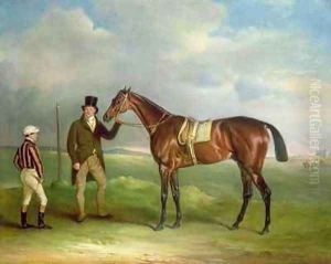 The Duke of Clevelands Chorister held by trainer John Smith with jockey John Day Snr at Doncaster