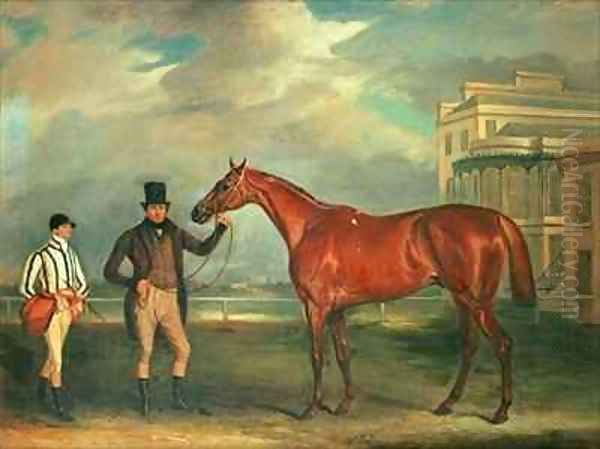 General Chasse a chestnut racehorse being held by his trainer with his jockey J Holmes standing by on Aintree racecourse - view 1