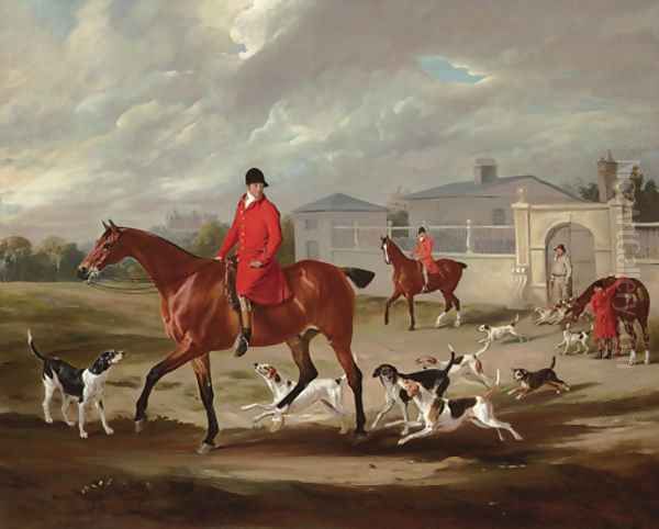 Thomas Goosey and the Belvoir hounds leaving the kennels, Belvoir Castle beyond - view 1