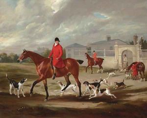 Thomas Goosey and the Belvoir hounds leaving the kennels, Belvoir Castle beyond by John Snr Ferneley