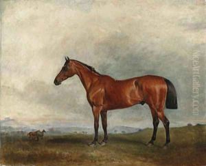 A bay hunter in an extensive landscape, with other hunters beyond by John Snr Ferneley