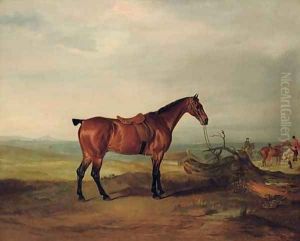 A saddled bay hunter in a landscape, with huntsmen and hounds beyond