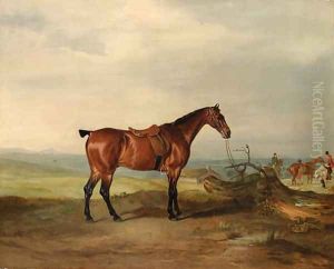 A saddled bay Hunter, in an extensive landscape, with huntsmen and hounds beyond