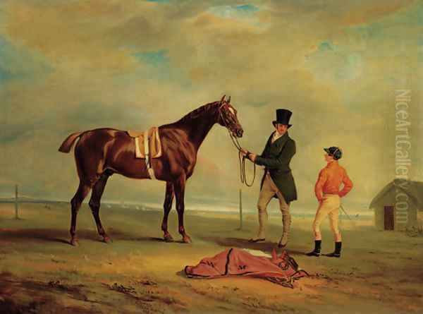 The Hon. William Maule's Ledstone, a chestnut racehorse with a trainer and jockey on a racecourse - view 1
