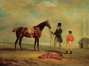 The Hon. William Maule's Ledstone, a chestnut racehorse with a trainer and jockey on a racecourse