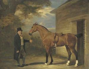 A gentleman with a bay hunter outside a stable by John Snr Ferneley