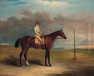 Lord Lowther's Spaniel, winner of the 1831 Derby, with jockey up, on a racecourse