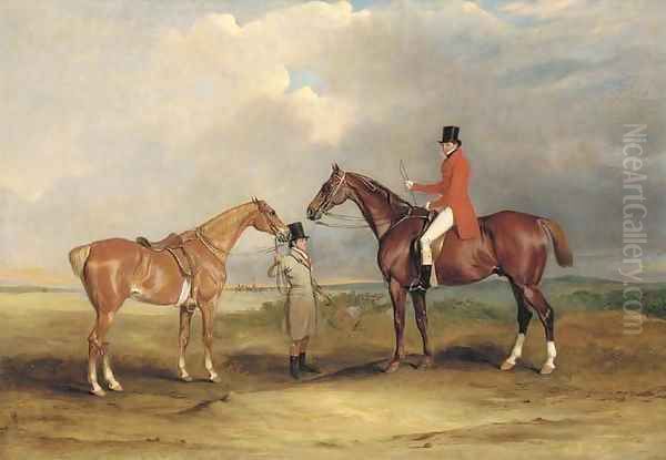 Portrait of John Drummond on a hunter, with a groom holding his second horse, in a landscape, a hunting party beyond - view 1
