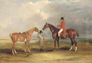 Portrait of John Drummond on a hunter, with a groom holding his second horse, in a landscape, a hunting party beyond by John Snr Ferneley