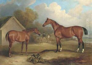 Sambo and Pilot, property of Lord Gardner, at grass, with figures beyond by John Snr Ferneley