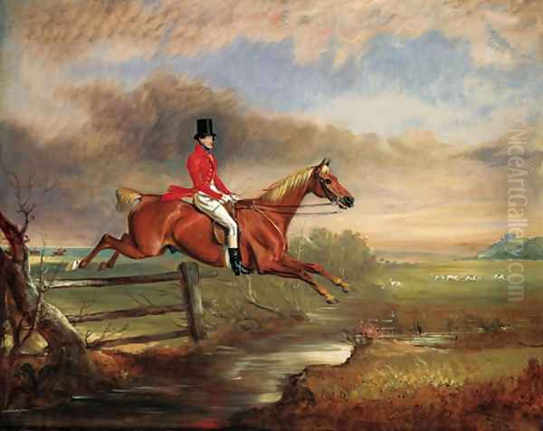 The Hon. Henry Augustus Craven clearing a fenced brook with hounds after a scent and Belvoir Castle beyond - view 1