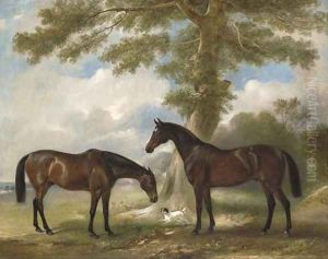 Two bay mares with a terrier by a tree, in a landscape