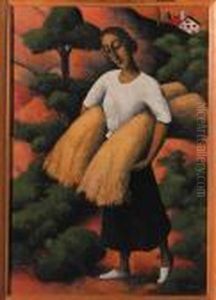 A Peasant Woman Harvesting by Felix Elie Tobeen