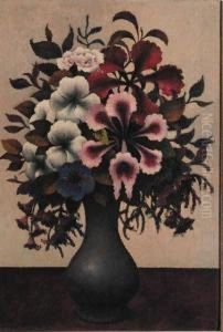 A Still Life With Flowers In A Tin Vase by Felix Elie Tobeen