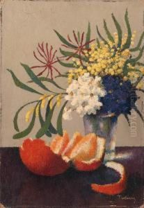A Still Life With Flowers And An Orange by Felix Elie Tobeen