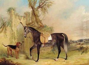 A saddled grey hunter with a dog before a gothic gateway