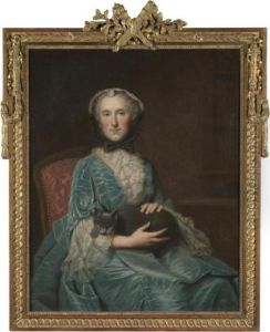 Portrait Of A Seated Lady, Three
Quarter Length, Wearing A Turquoise Dress With Lace Cuffs And Collar
And A Bonnet, Holding A Black Cat by Louis Tocque