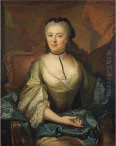 Portrait Of A Lady, Seated, 
Wearing A White Silk Dress, A Blue Silk Shawl And A Black Headdress