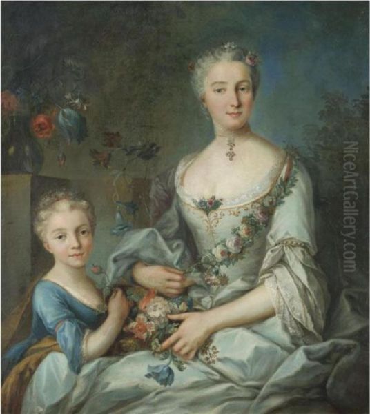 Portrait Of A Lady Seated With 
Her Daughter, Three-quarter Length, Wearing A White Silk Dress Holding 
Flowers - view 1