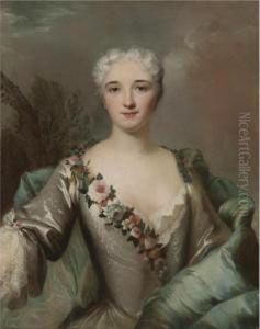 Portrait Of A Lady, Half Length 
In A Landscape, Wearing A Silver Dress With A Floral Wreath
