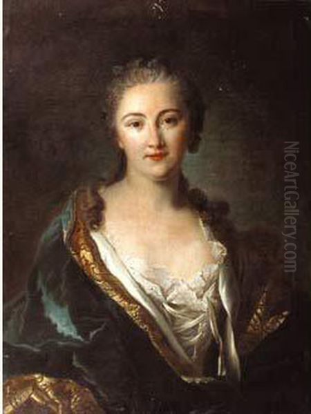 "portrait D'une Femme De Qualite
En Buste, Au Bustier De La Robe Delace Et Manteau Bleu Au Revers Brode
D'or Et Col De Fourrure." - view 1
