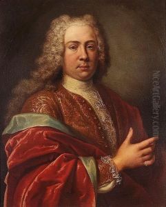 Portrait Of A Gentleman, 
Half-length, In A Gold Embroidered Coat And A Red Wrap With Pale Blue 
Lining