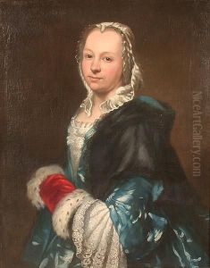 Portrait, Half Length, Of A Lady
In A Blue Dress, Black Shawl And Fur Trimmed Red Velvet Muff by Louis Tocque