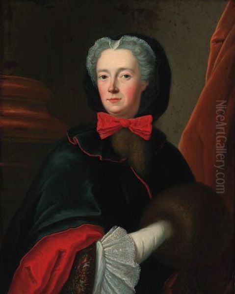 Portrait Of A Lady, Half-length,
In A Black Cloak With A Red Bow,lace Sleeves And A Fur Muff - view 1
