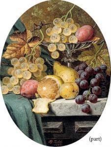 Grapes, Plums, A Lemon, A Pear And A Silver Tazza, On A Stoneledge