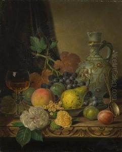 Still Life Of Fruit, Glass And Jug, On A Wooden Table by Henry George Todd